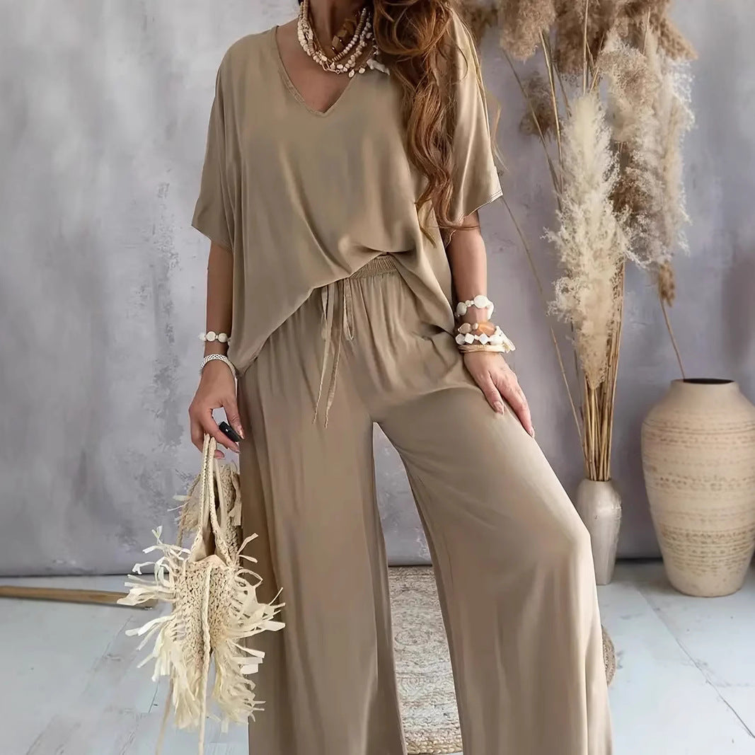 Women’s Two-Piece Set – V-Neck Top and Wide-Leg Pants – Relaxed Fit – Breathable Blend