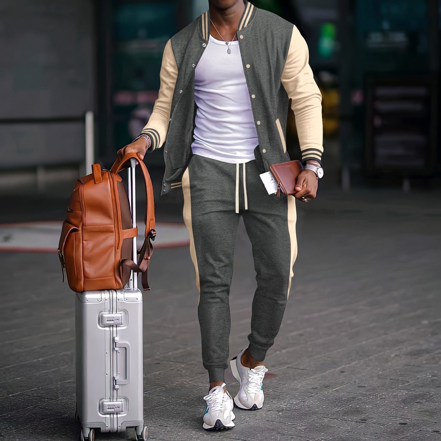 Men’s Cardigan Set – Tailored Fit – Contrast Sleeves – Snap Button Closure – Adjustable Drawstring Pants – With Side Pockets