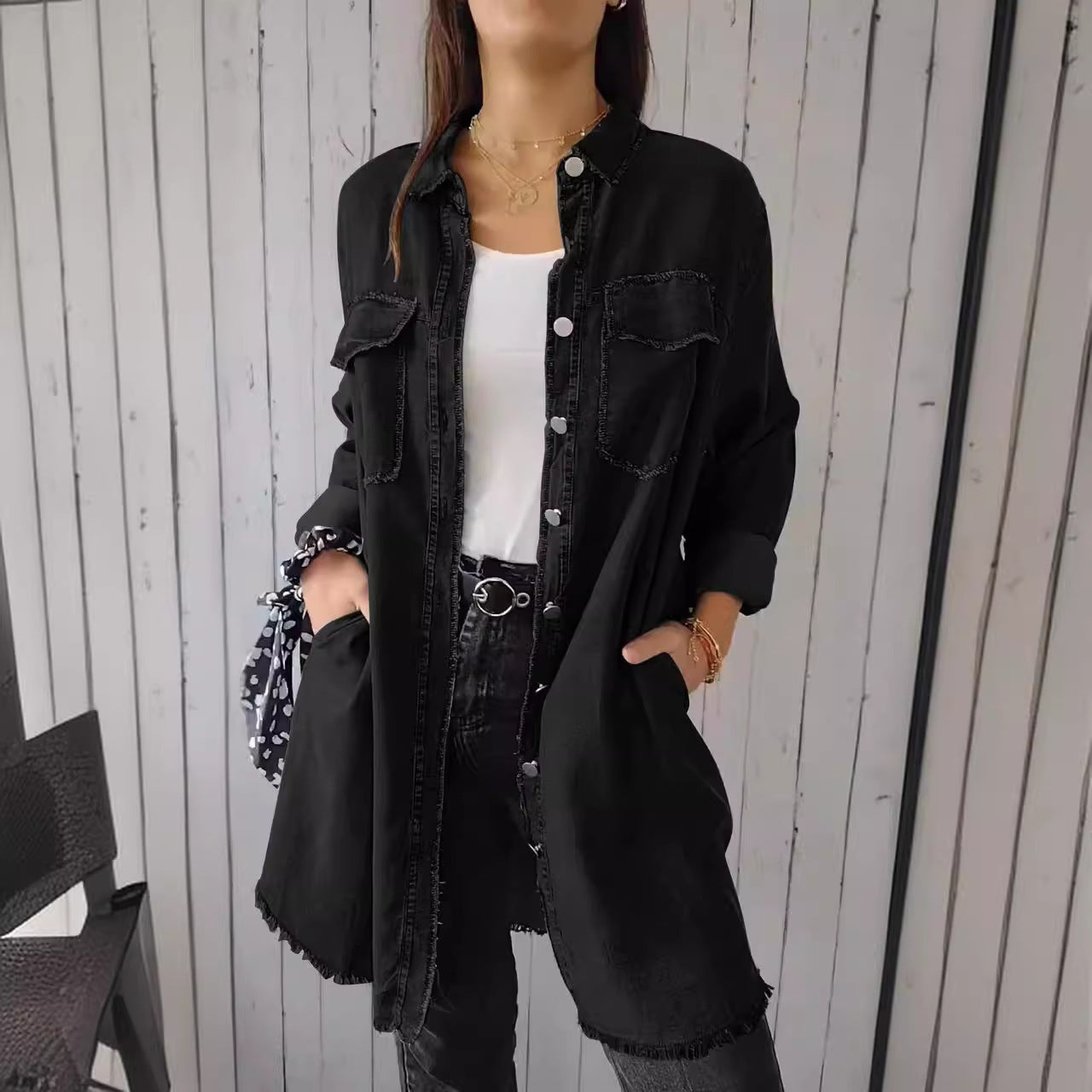 Women’s Denim Jacket – Longline Loose Fit – Distressed – Patch Pockets – Raw Hem