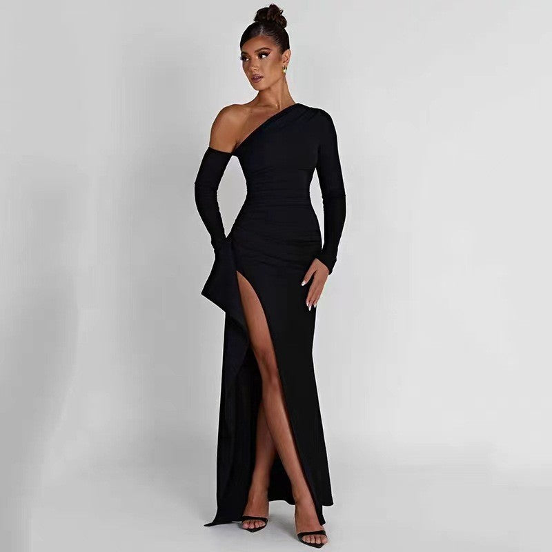 Women’s Maxi Dress – Slim Fit – One Shoulder – High Slit – Long Sleeve