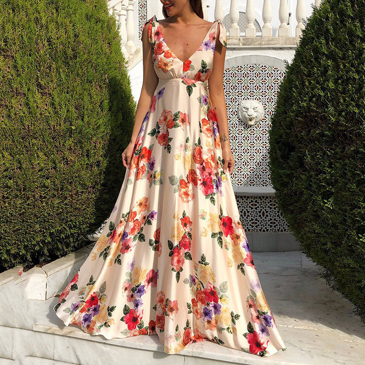 Women’s Maxi Dress – Sleeveless Flowy Fit – Floral Print – Open Back – Formal Wear