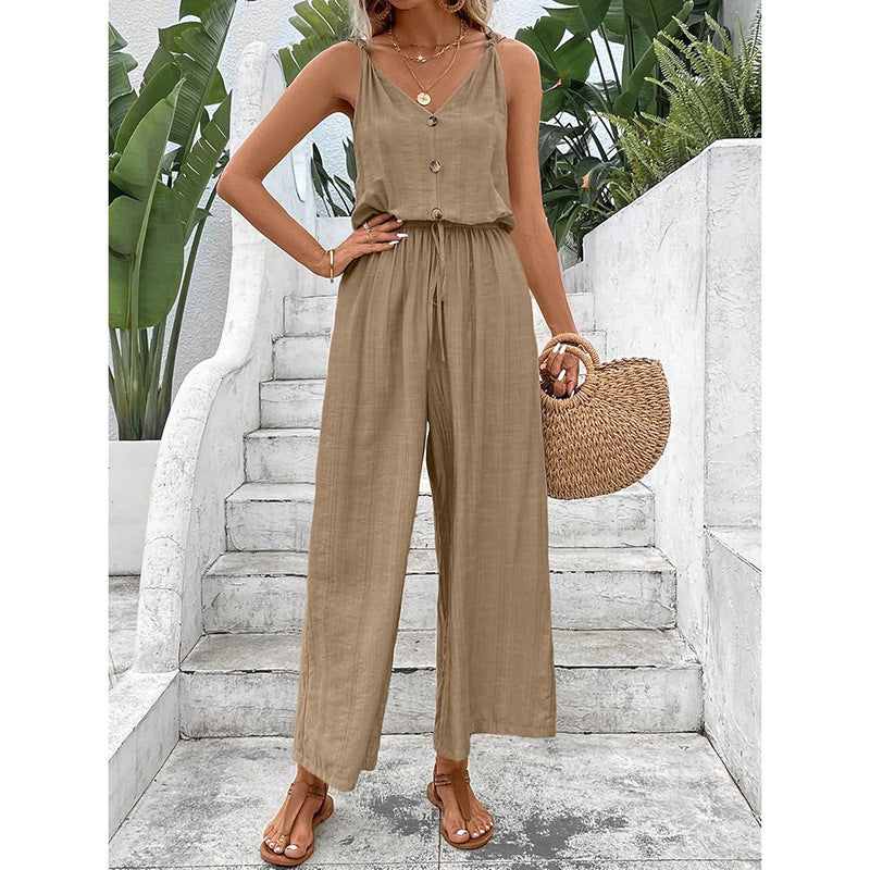 Women’s Jumpsuit – Cotton Blend – Relaxed Fit – Sleeveless Wide Leg – Button Front