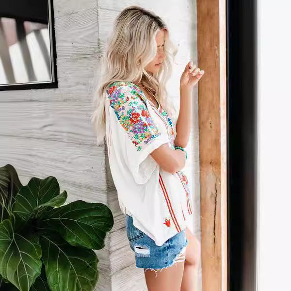 Women’s V-Neck T-Shirt – Relaxed Fit – Cotton Blend – Floral Embroidered Casual Wear