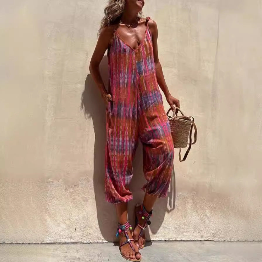 Women’s Jumpsuit – Loose Fit – Adjustable Straps – V-Neck – Striped – Tie Waist