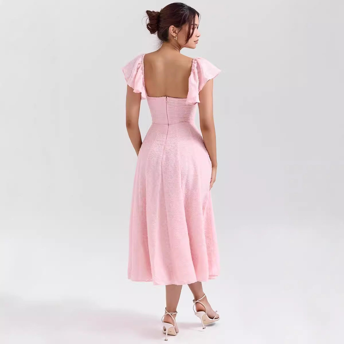 Women’s Midi Dress – Off-Shoulder – Flared Fit – Jacquard Texture – Sweetheart Neckline