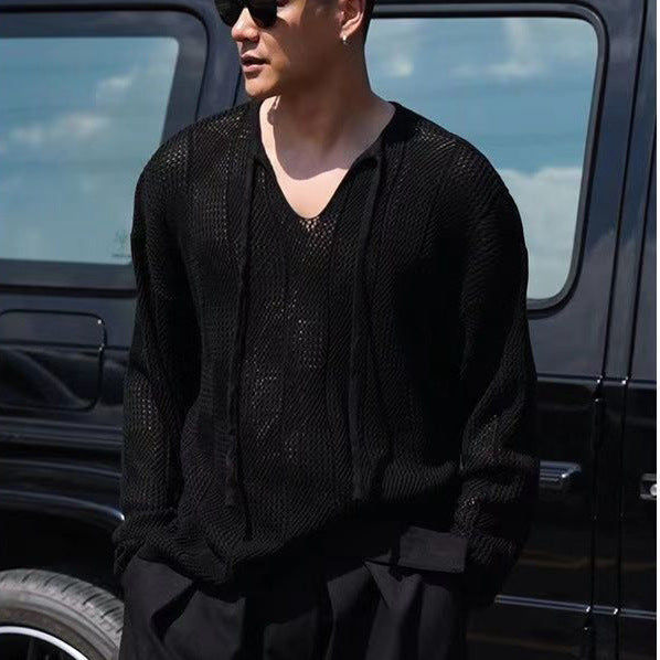 Men’s Knit Sweater – Relaxed Fit – V-Neck with Drawstring – Lightweight Open Weave