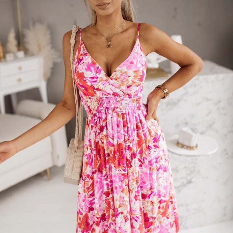 Women’s Maxi Dress – V-Neck Crossover – Adjustable Straps – Flowy Fit – Floral Print