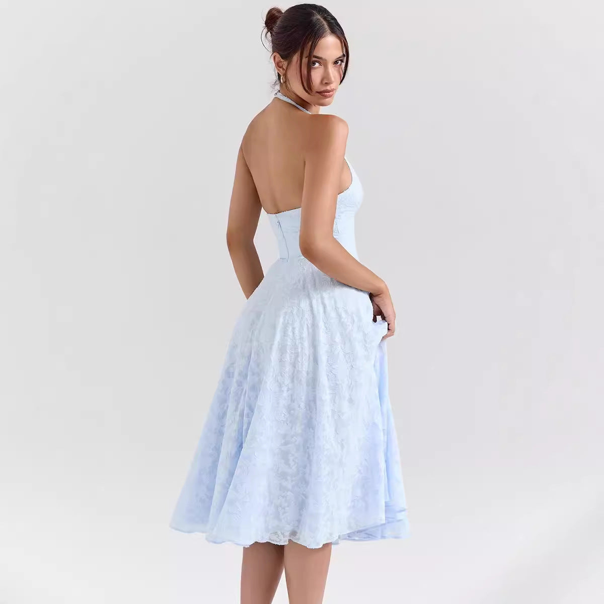 Women’s Halter Dress – Satin-Like Fabric – Slim Fit – A-Line Midi – Deep V-Neck
