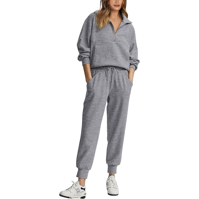 Women’s Tracksuit Set – Relaxed Fit – Half Zip Top – Drawstring Pants