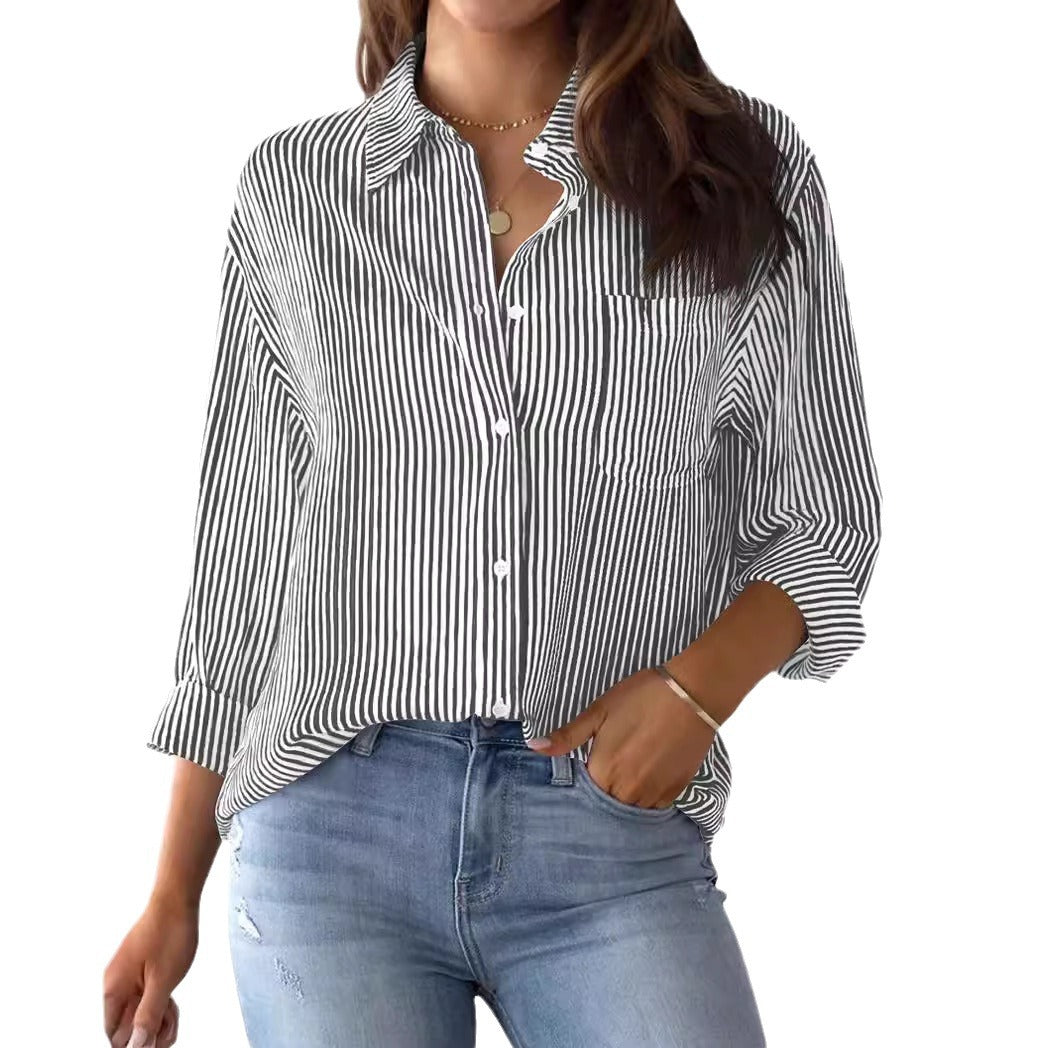Women’s Button-Down Blouse - Cotton - Relaxed Fit - Classic Pinstripe