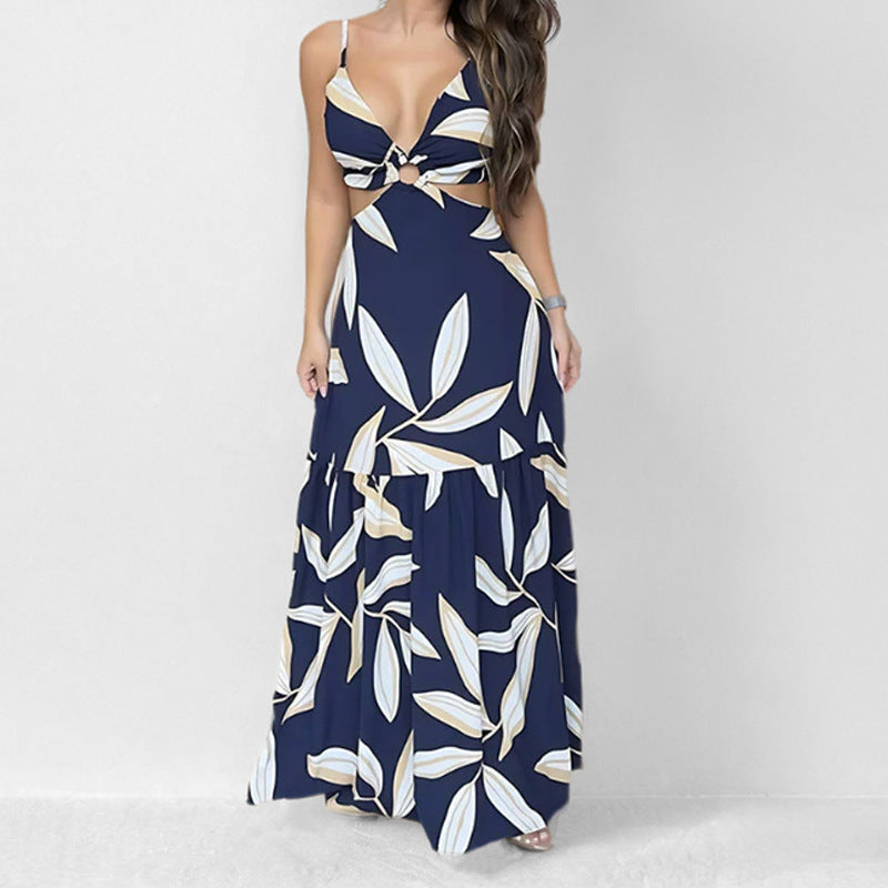 Women’s Maxi Dress – Halter Neck – Cut-Out Waist – A-Line Tiered Skirt – Bold Print