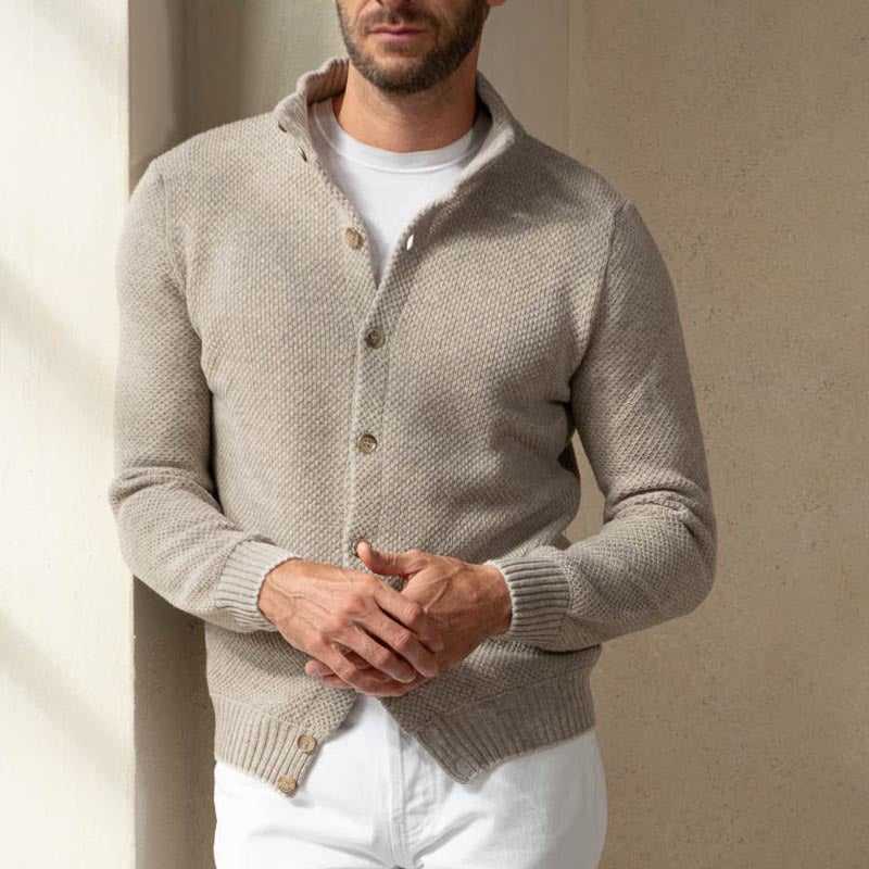 Men’s Knit Sweater – Slim Fit – Shawl Collar – Button-Up Front – Ribbed Trim