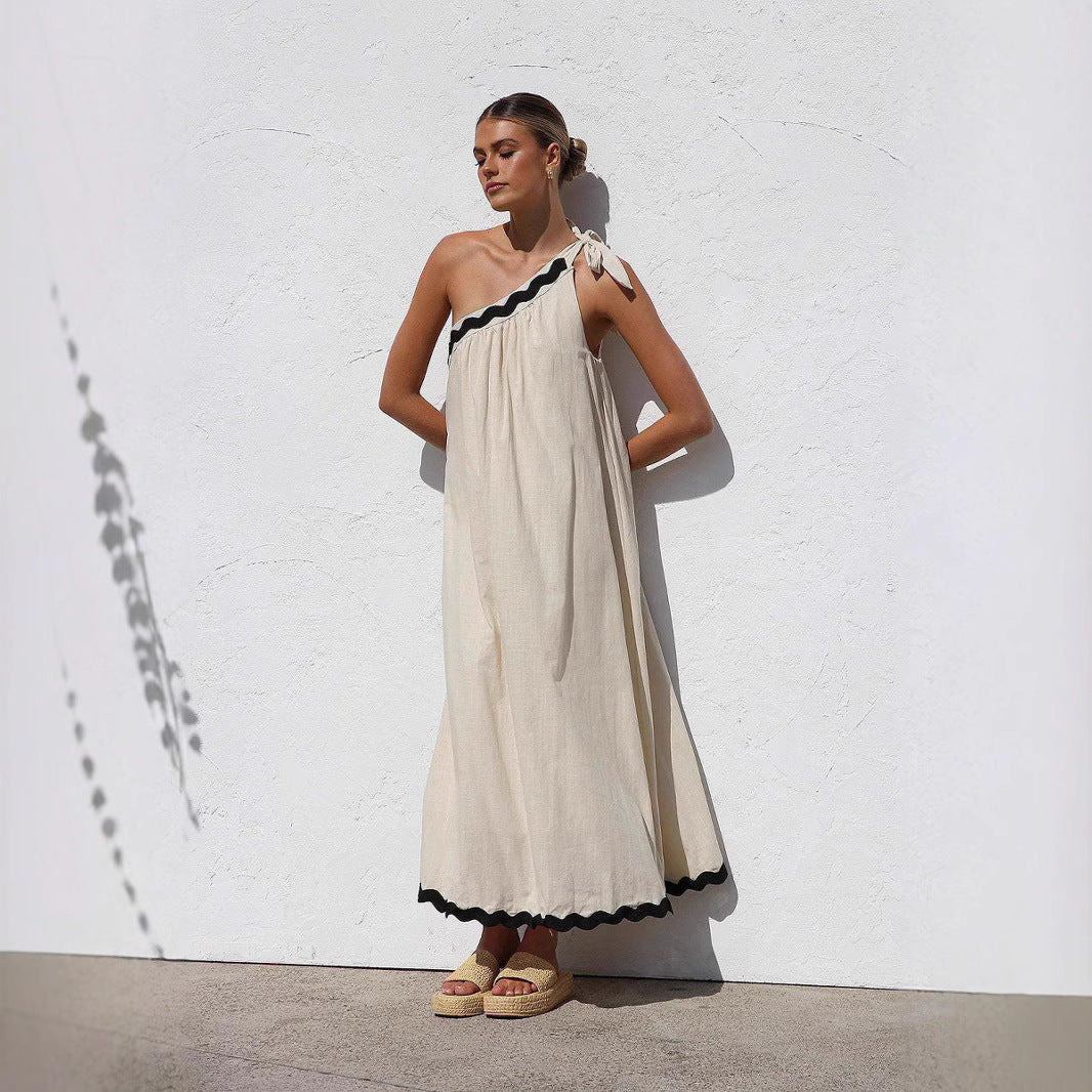 Women’s Long Dress – One Shoulder – Relaxed Fit – Tie Detail – Scalloped Hem – Breathable