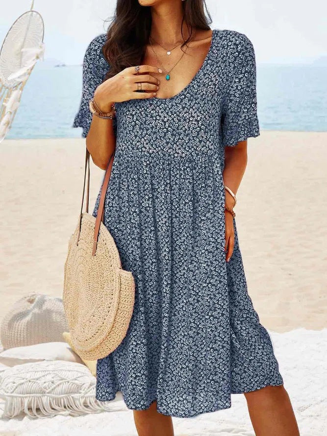 Women's Midi Dress - V-Neck - Short Sleeve - Floral Print - Relaxed Fit - Lightweight