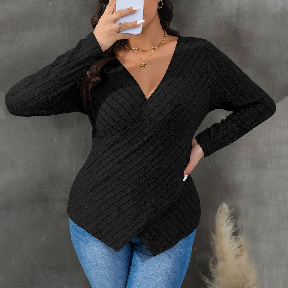 Women’s Wrap Top – Ribbed Texture – Fitted Silhouette – V-Neck Elegant Style