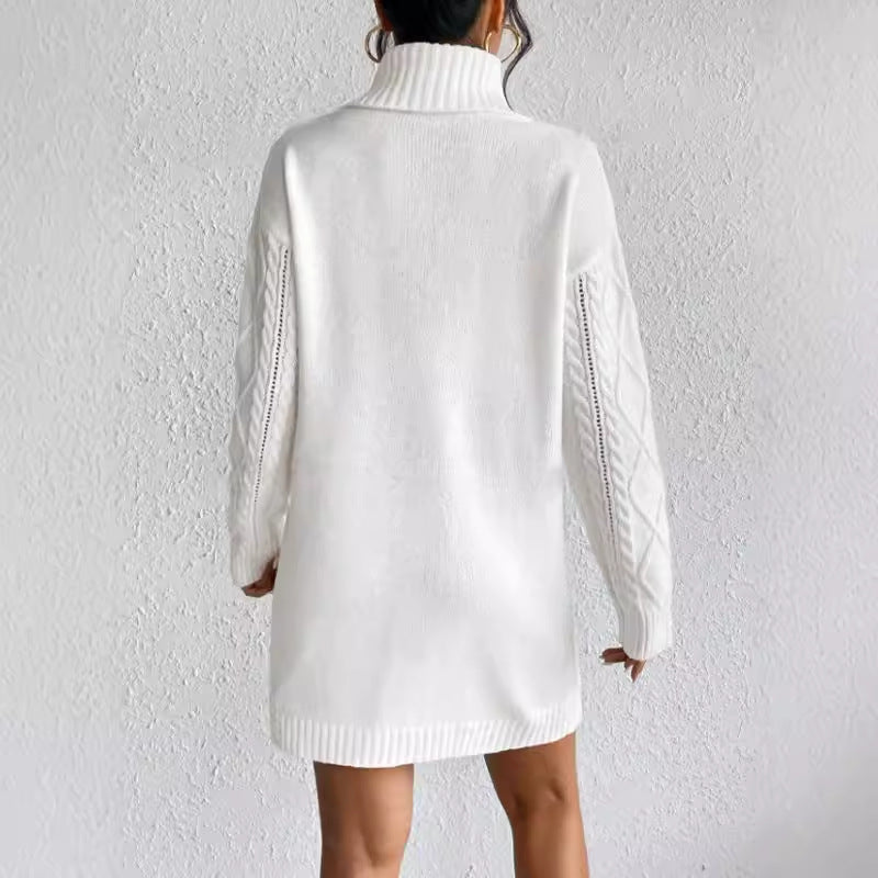 Women’s Sweater Dress – Cable Knit Wool Blend – Slim Fit – High Neck – Long Sleeve – Short Length