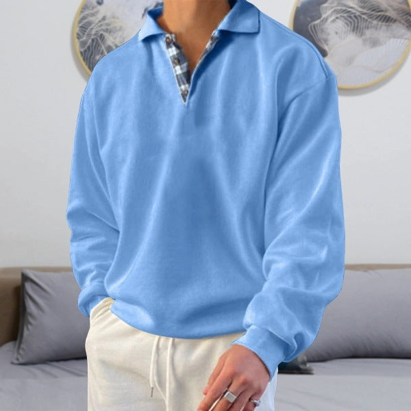 Men’s Sweatshirt – Soft Knit – V-Neck Lapel – Loose Fit – Ribbed Cuffs – Casual Wear