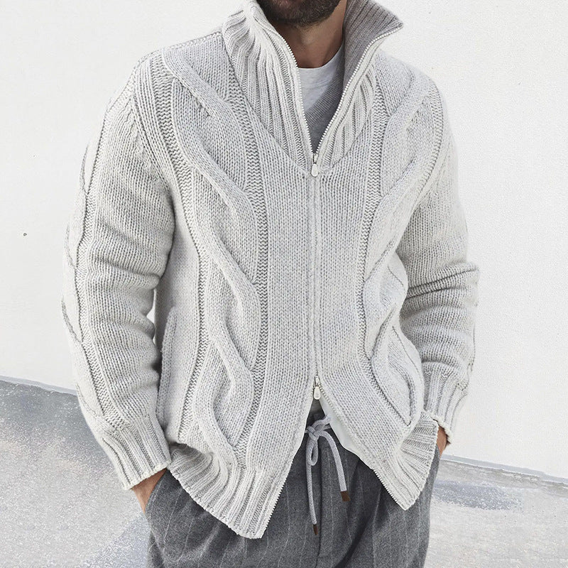 Men’s Knit Cardigan – Wool Blend – Relaxed Fit – High Neck – Cable Sleeve – Zip Front
