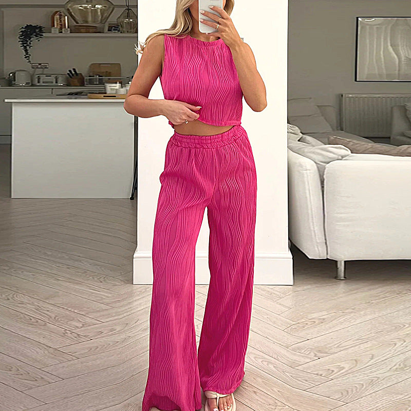 Women’s Two-Piece Set – Sleeveless Fitted Crop Top – High-Waist Straight-Leg Pants – Breathable Ripple Texture