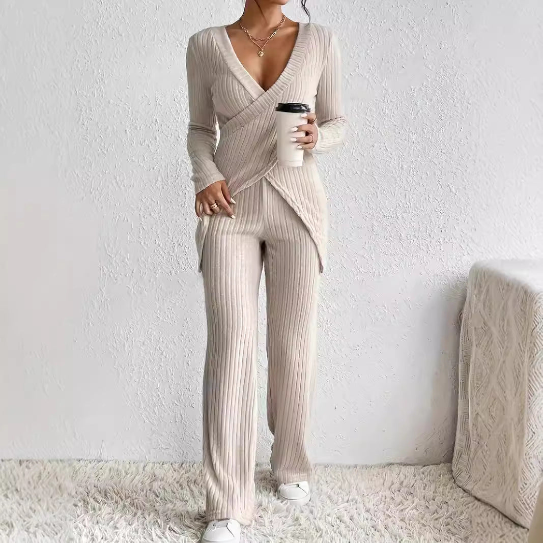 Women’s Two-Piece Set – Ribbed Knit – Wrap V-Neck Top – Relaxed Fit Pants