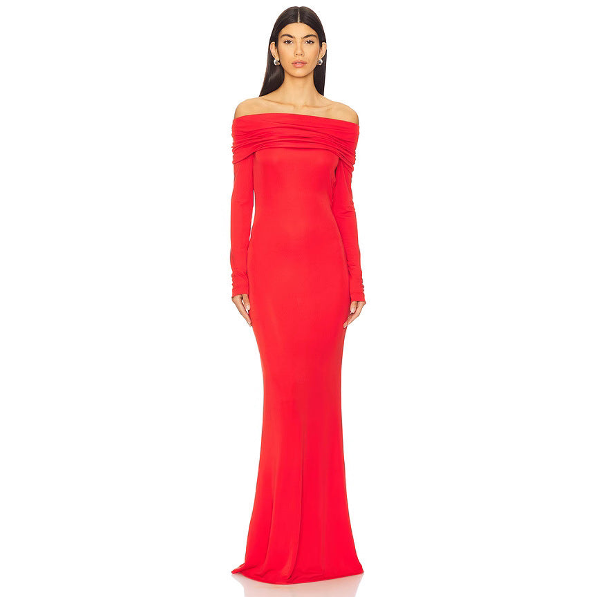 Women’s Evening Dress – Slim Fit – Satin Feel – Off-Shoulder – Long Sleeve – Formal