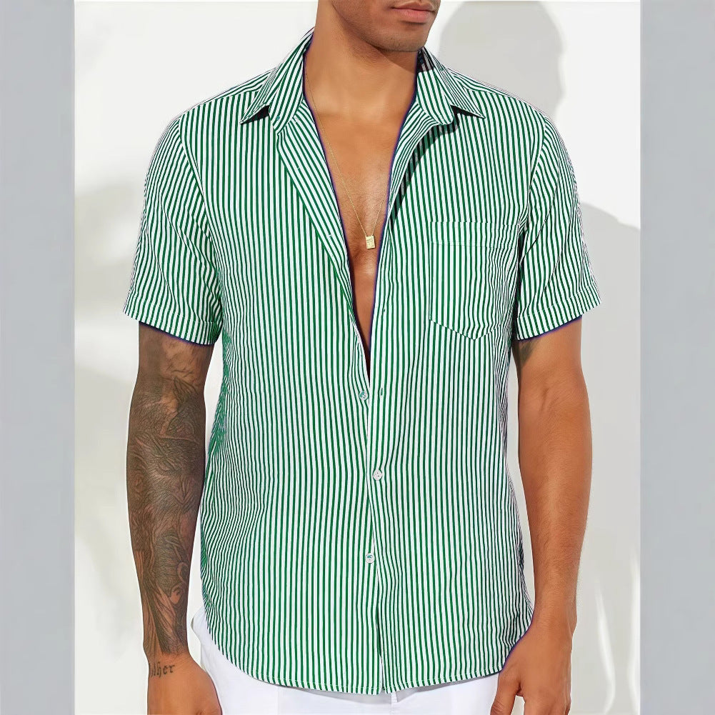 Men’s Casual Shirt – Cotton Blend – Relaxed Fit – Short Sleeve – Vertical Stripes