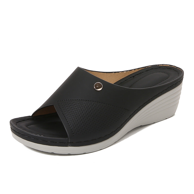 Women’s Wedge Slide Sandals – Open Toe – Cushioned Footbed – Perforated Strap