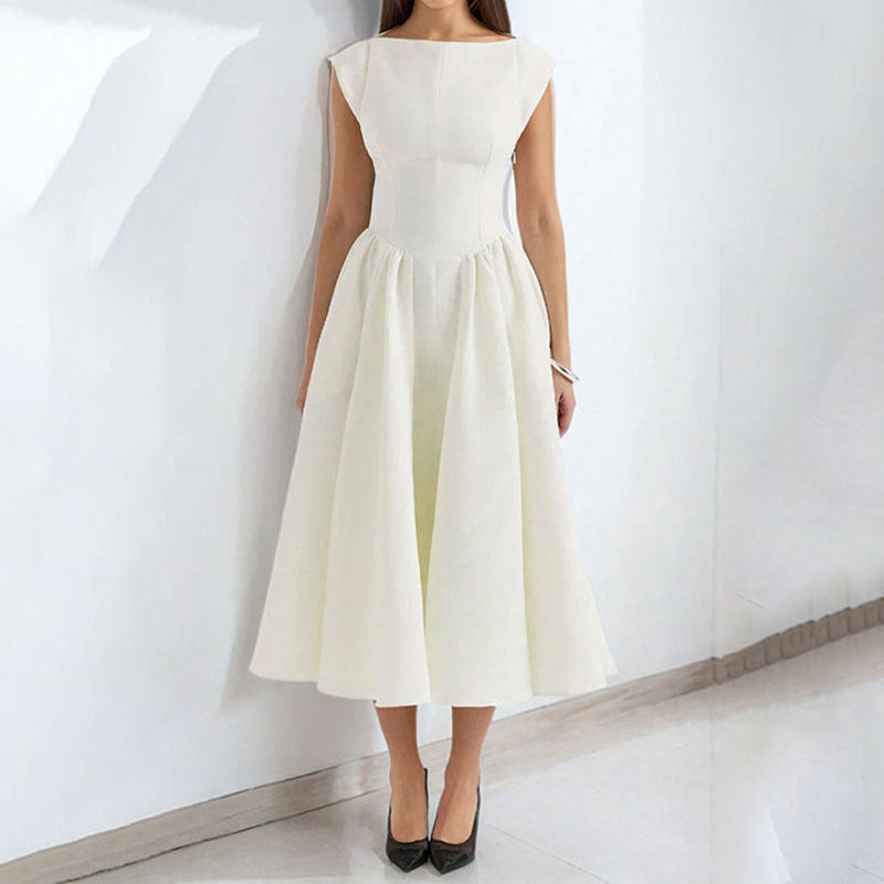 Women’s Sleeveless Midi Dress – Fitted Waist – A-Line – Back Cut-Out – Formal Wear