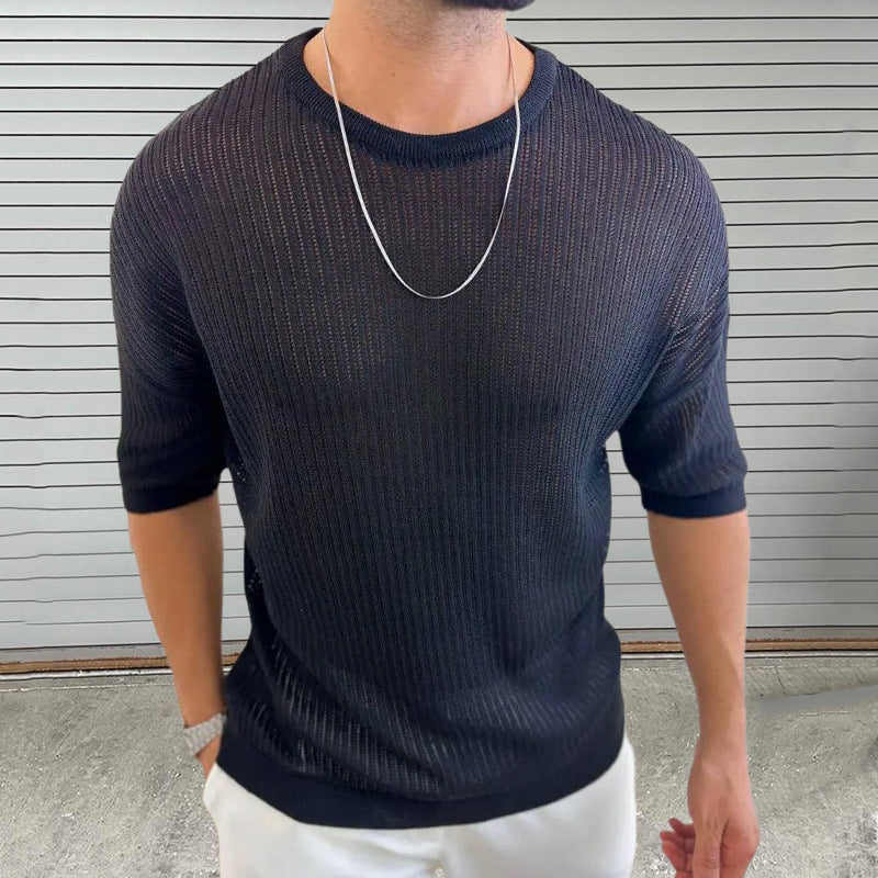 Men’s Knit Top – Slim Fit – Lightweight Ribbed Texture – Crew Neck Short Sleeve