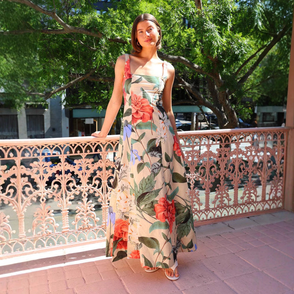 Women’s Maxi Dress – Cotton Blend – Square Neck – A-Line Fit – Vintage Floral Print