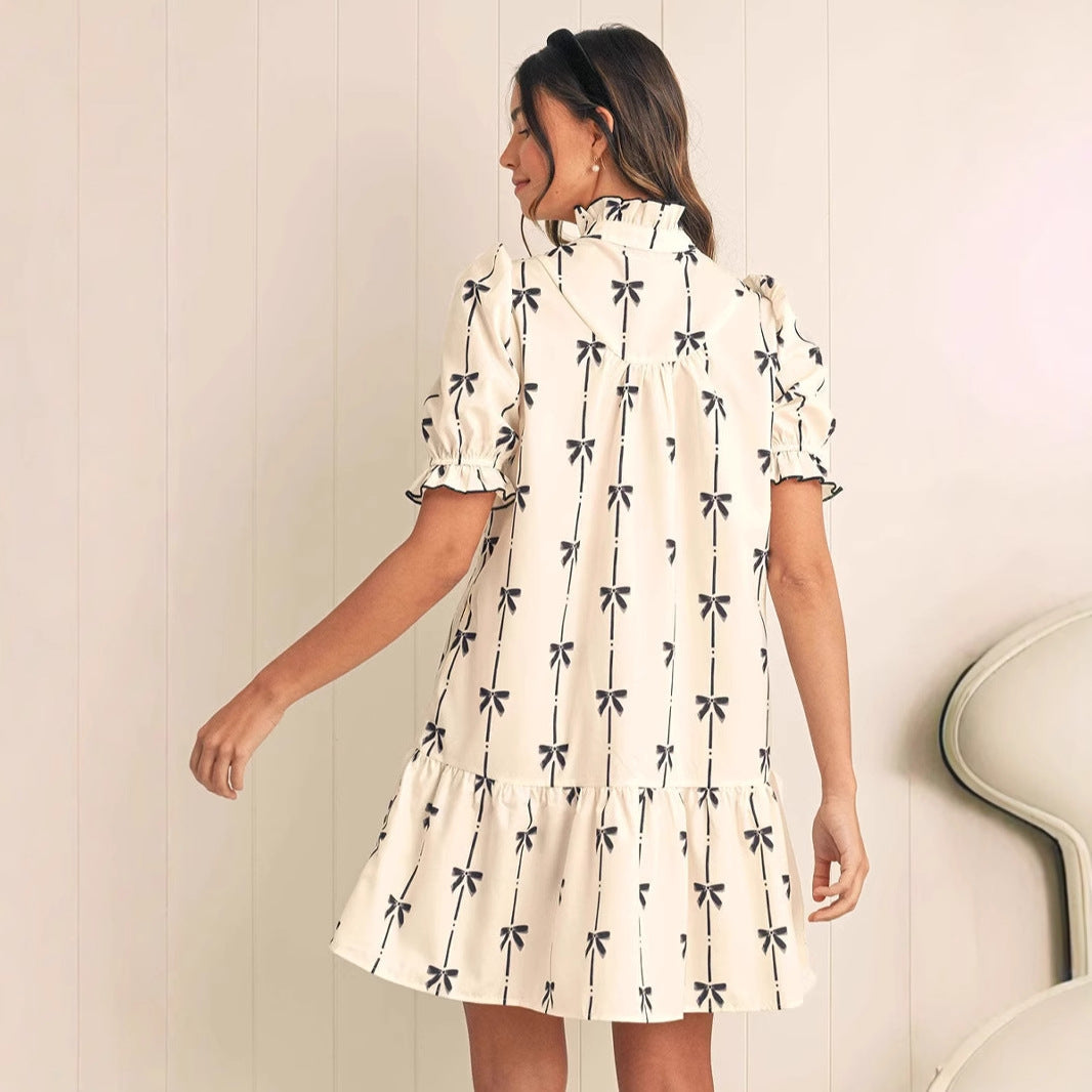 Women’s A-Line Dress – Lightweight Cotton – Puff Sleeve – Bow Detail – Above Knee