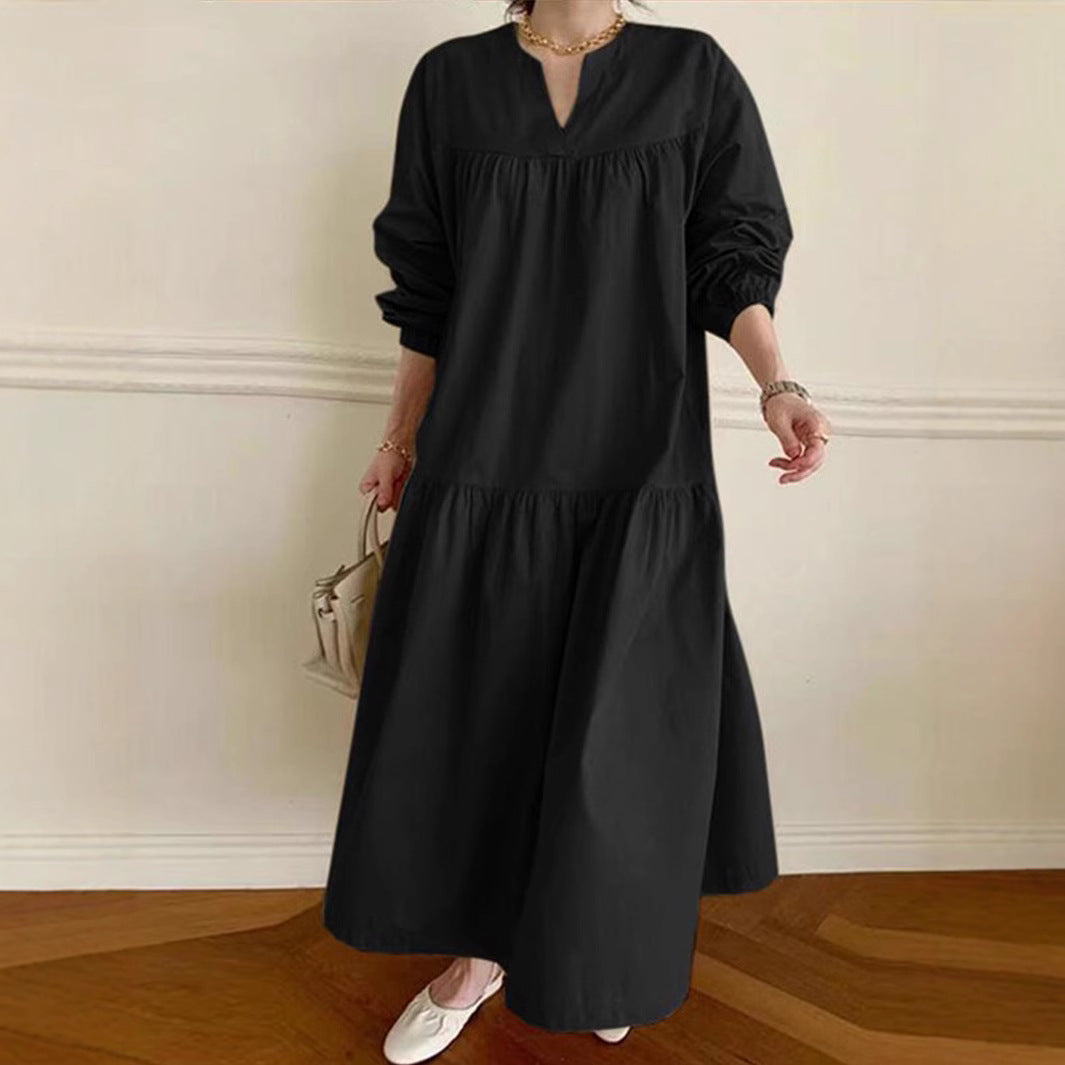 Women’s Long Dress – Cotton Linen Blend – Oversized Fit – V-Neck – Puff Sleeve