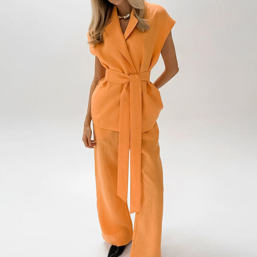 Women’s Pants Set – Sleeveless V-Neck Top – Belted Waist – Breathable Blend – Relaxed Fit