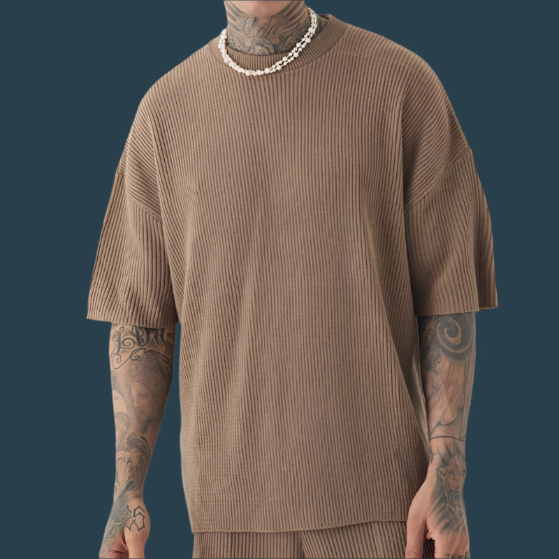 Men’s Casual Set – Soft Ribbed Knit – Relaxed Fit – Short Sleeve Top and Shorts