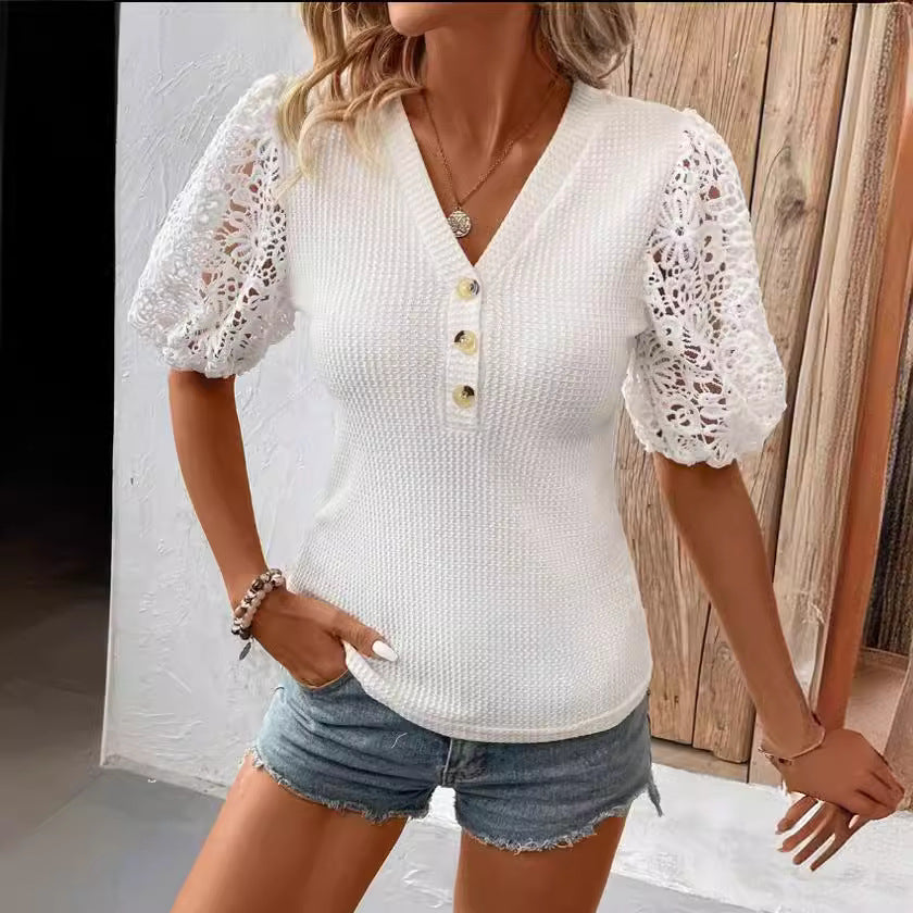Women’s Fitted T-Shirt – Soft Knit – Puff Lace Sleeves – V-Neck with Buttons