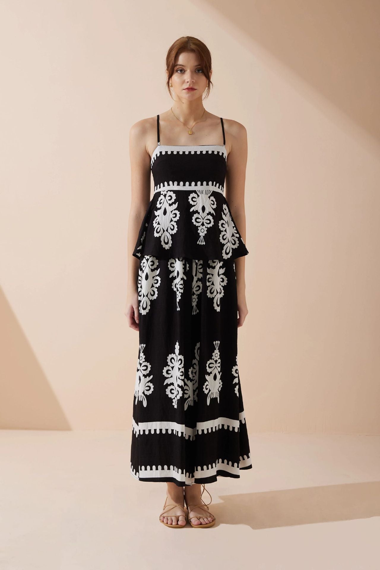 Women’s Sleeveless Top and Skirt Set – Ethnic Print – Peplum Fit – Cotton Matching Outfit