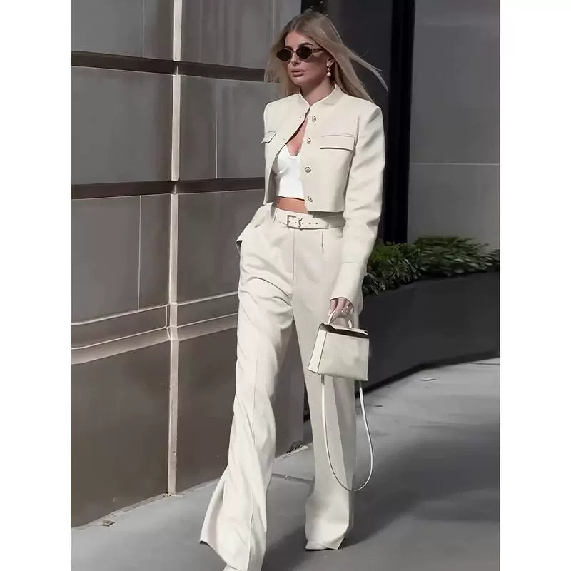 Women’s Suit Set – Cropped Tailored Jacket – High-Waisted – Wide-Leg Trousers – Belted