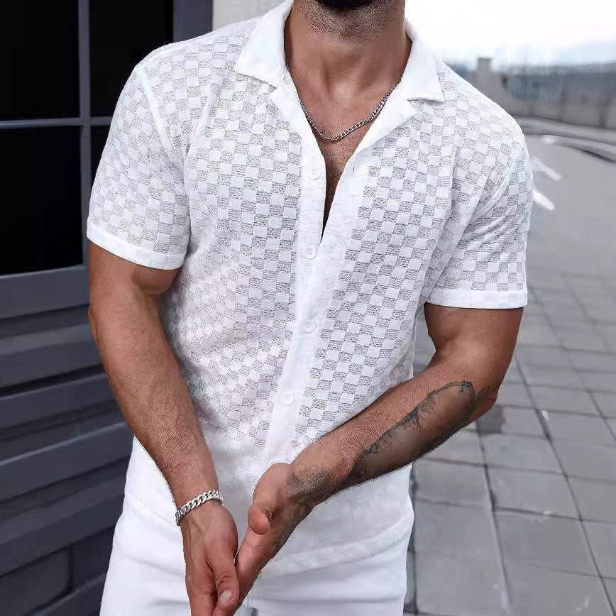 Men’s Knit Shirt – Relaxed Fit – Lightweight Sheer Fabric – Geometric Lace – Button-Up