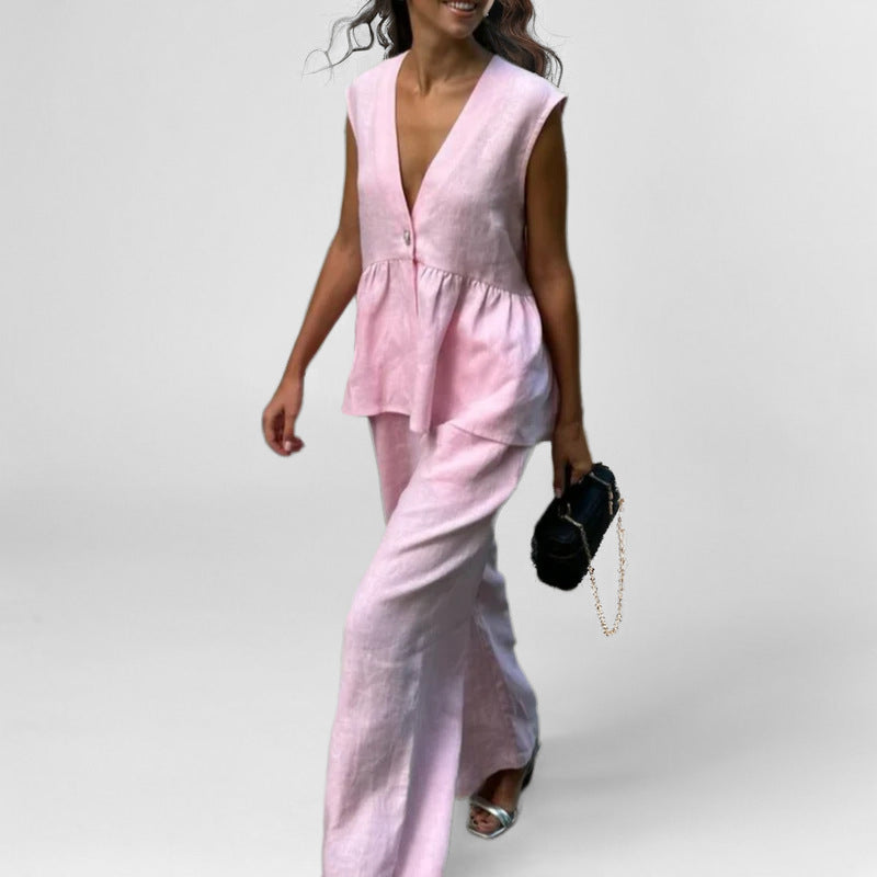 Women’s Vest – Linen Blend – Relaxed Fit – Peplum Waist – Sleeveless V-Neck