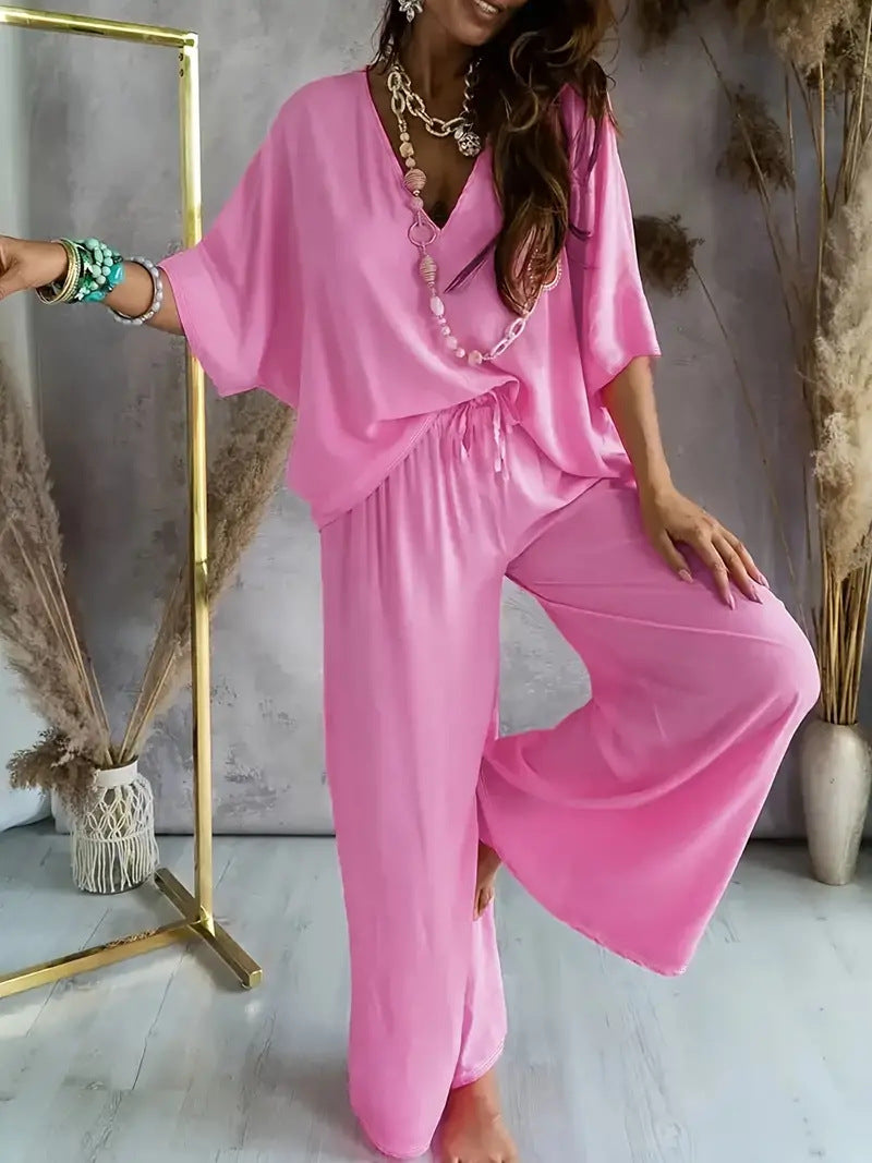 Women’s Two-Piece Set – V-Neck Top and Wide-Leg Pants – Relaxed Fit – Breathable Blend