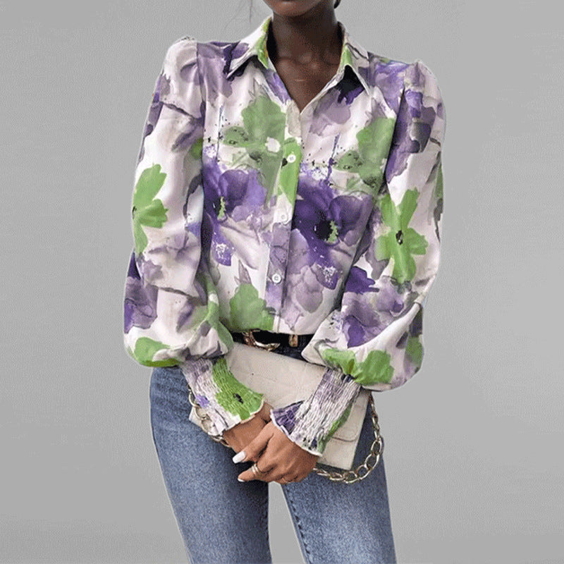 Women’s Button-Down Shirt – Oversized Fit – Puff Sleeves – Floral Print – Smocked Cuffs