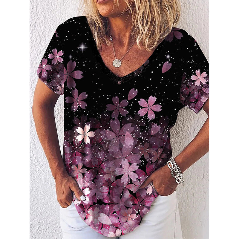 Women’s V-Neck T-Shirt – Floral Print – Regular Fit – Soft Knit – Short Sleeve