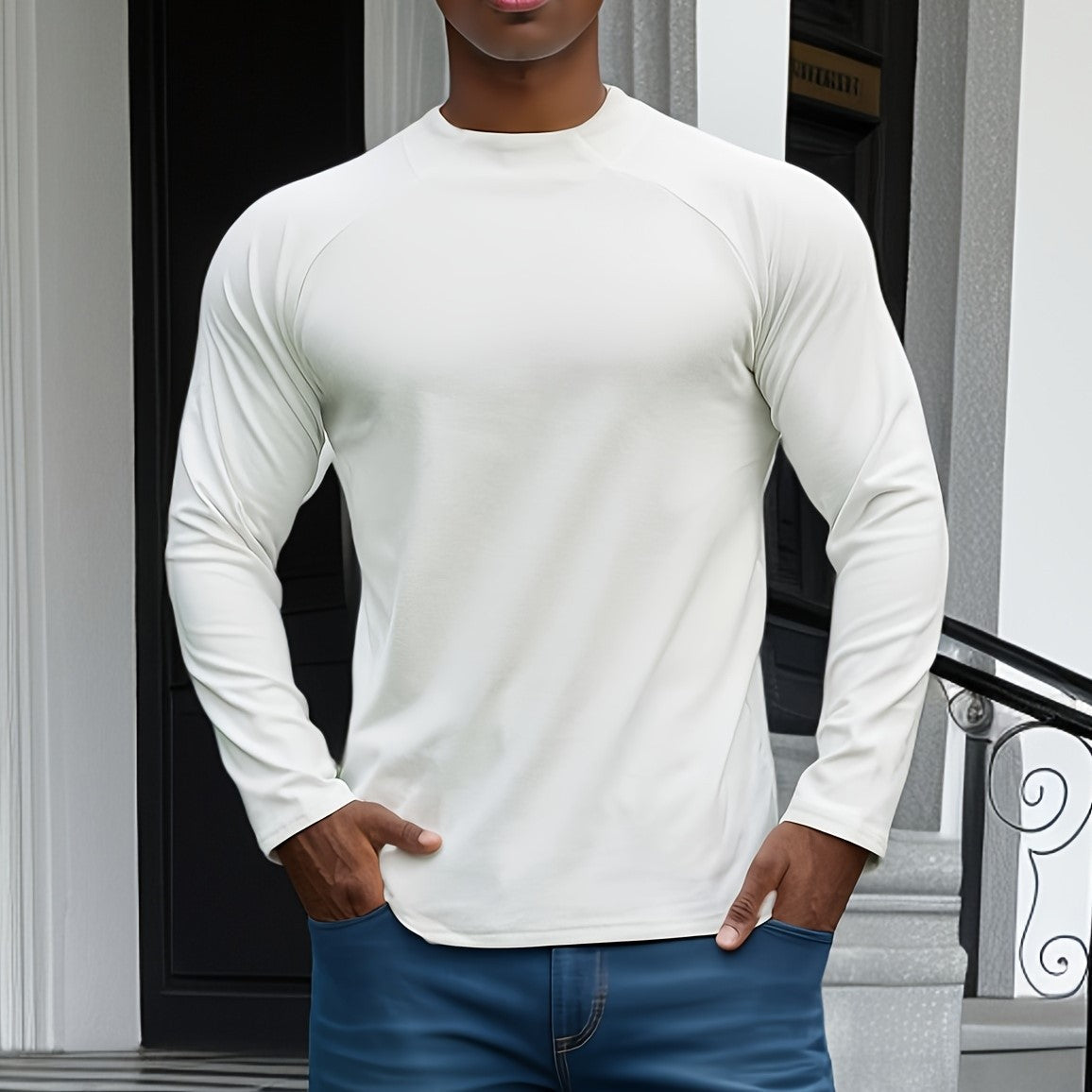 Men’s Long Sleeve T-Shirt – Slim Fit – Soft Stretch – Crew Neck – Raglan Sleeve