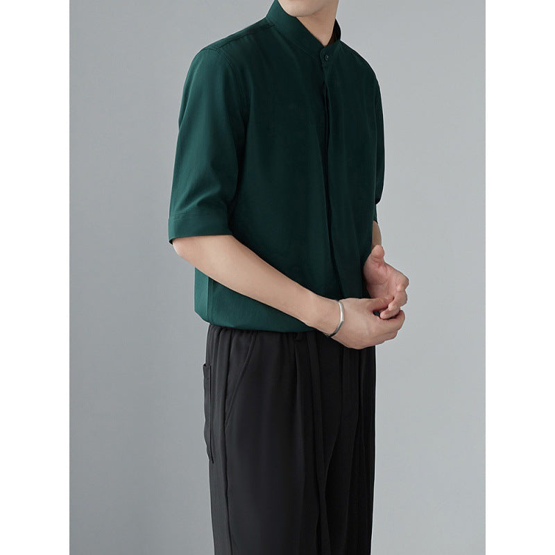 Men’s Long Sleeve Shirt – Relaxed Fit – Lightweight Drapey Fabric – Mandarin Collar
