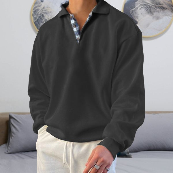 Men’s Sweatshirt – Soft Knit – V-Neck Lapel – Loose Fit – Ribbed Cuffs – Casual Wear