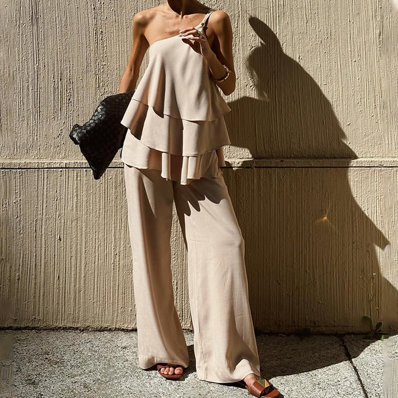 Women’s Two-Piece Set – Asymmetrical Ruffle Top – Wide-Leg Full-Length Pants