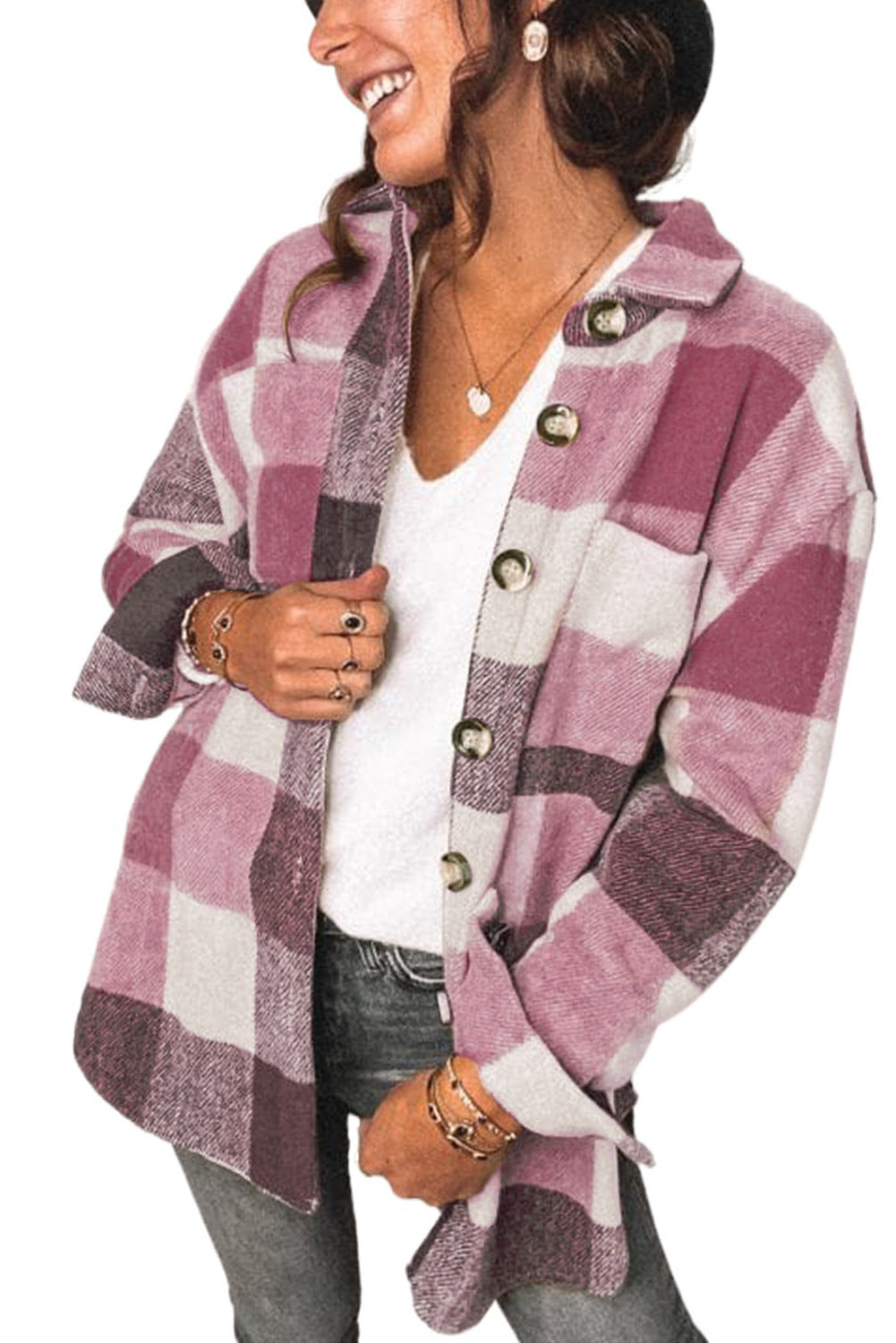 Women's Casual Plaid Button-Up Oversized Jacket
