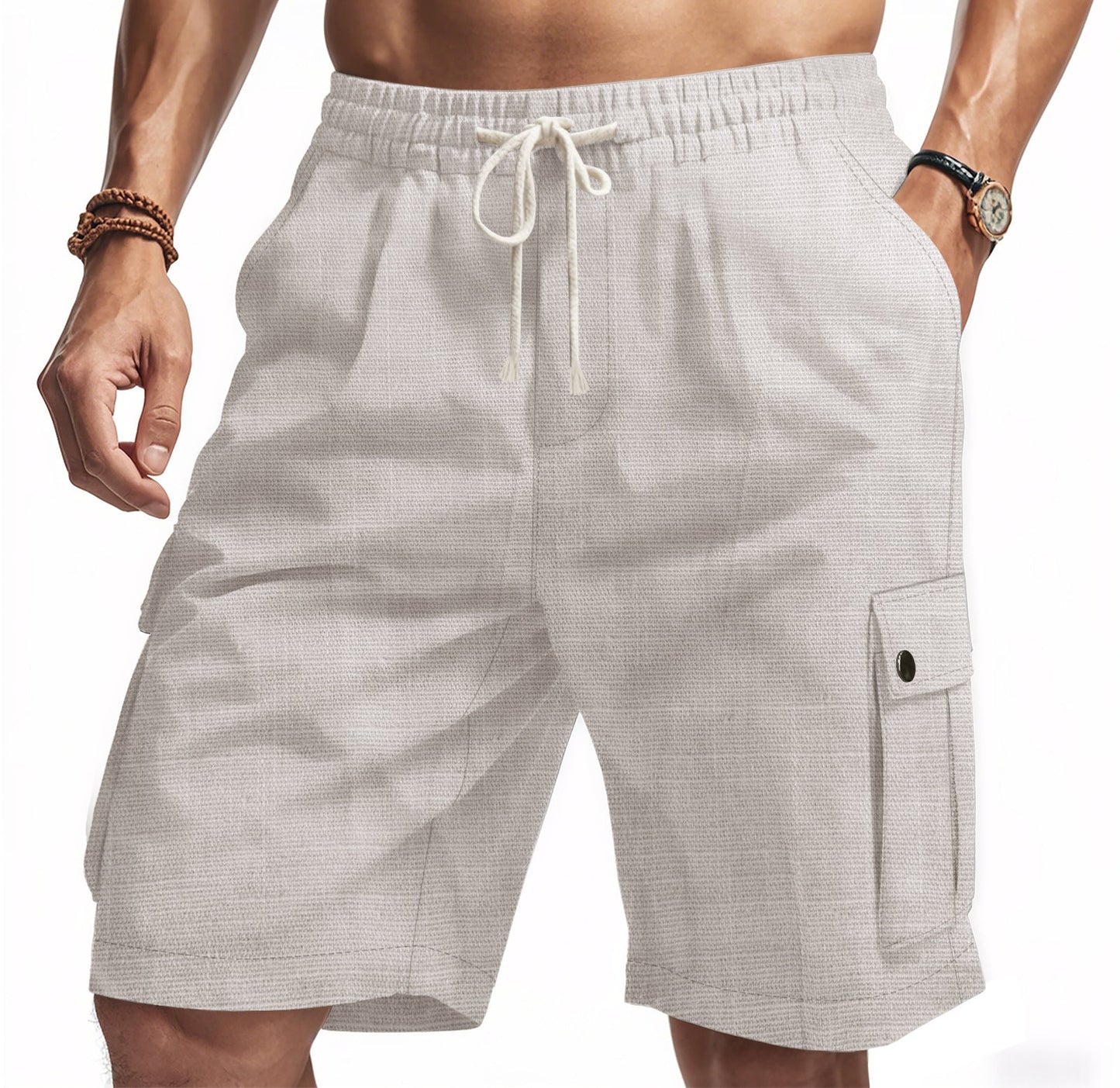 Men’s Cargo Shorts – Bamboo Linen Blend – Relaxed Fit – Elastic Waist – Multi-Pocket