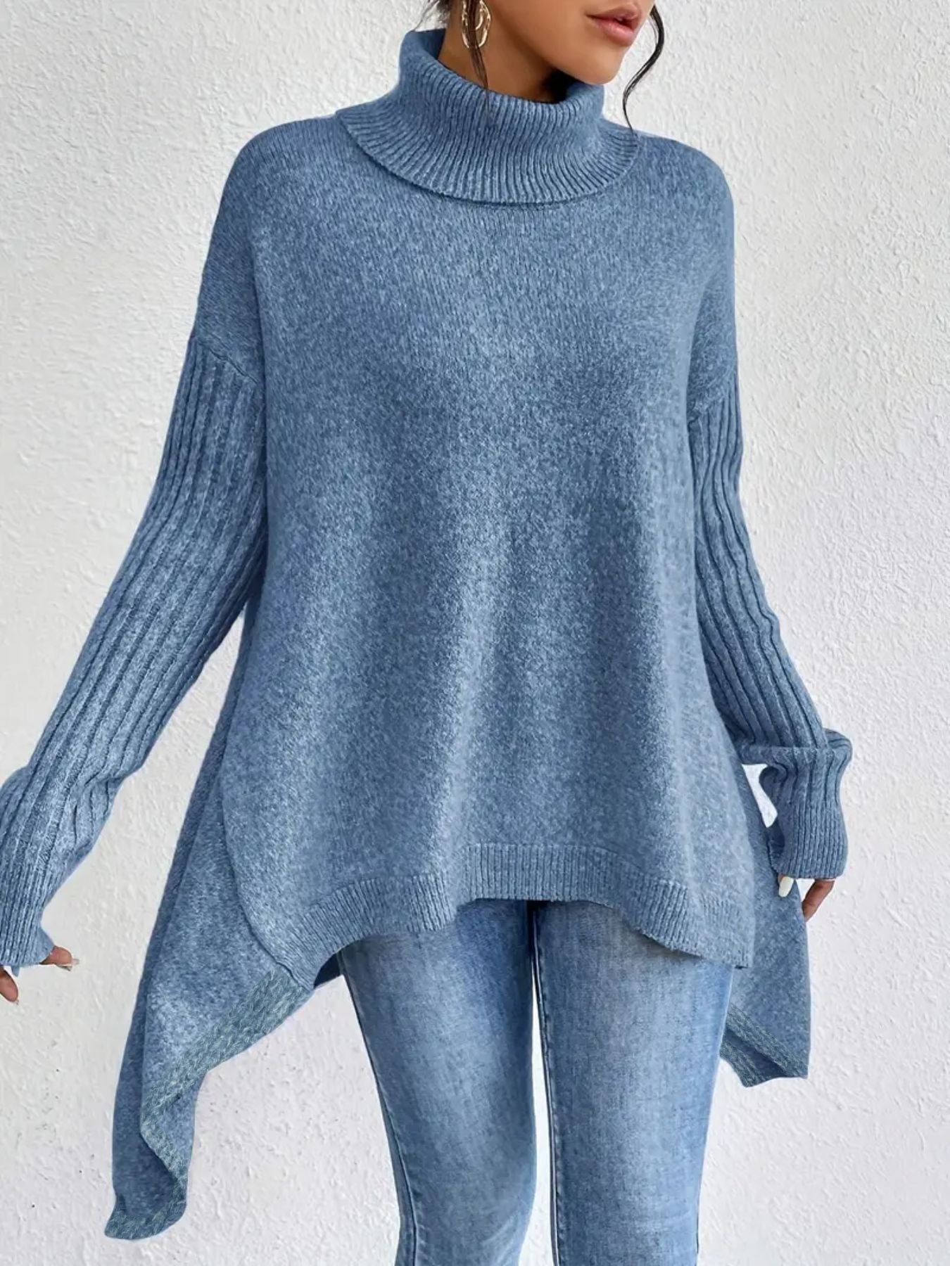 Women’s Turtleneck Sweater – Oversized Fit – Knitted Wool Blend – Asymmetrical Hem