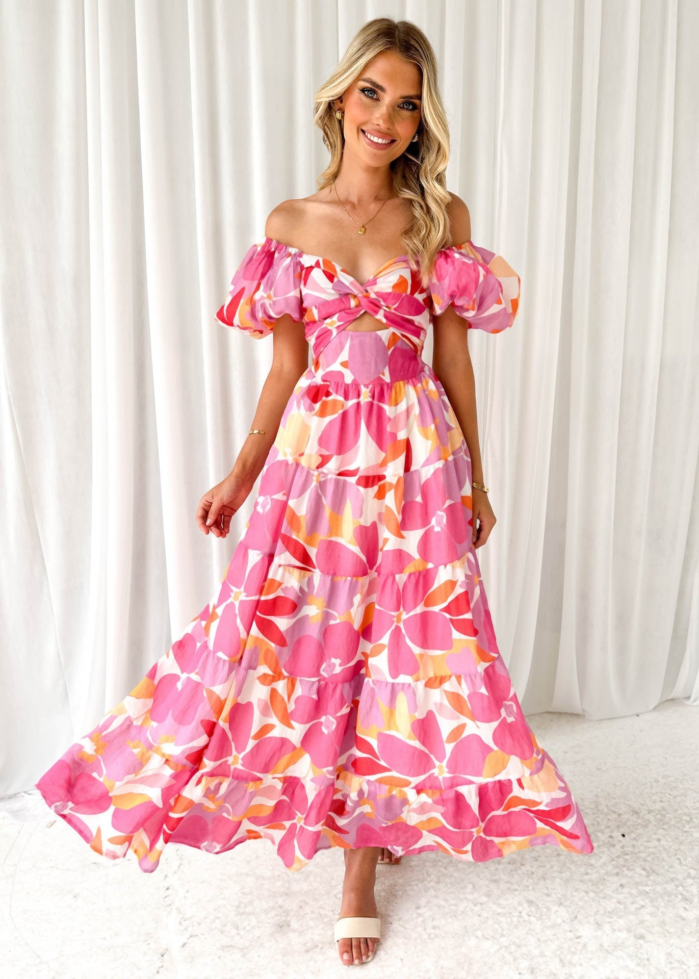 Women’s Maxi Dress – Fit and Flare – Puff Sleeve – Cut-Out Twist Bodice – Tiered Skirt – Printed